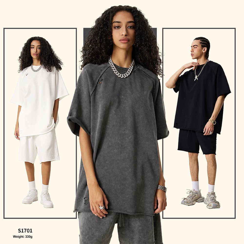 Terry 330GSM Oversized Distressed Reglan Sleeve T-Shirt thumbnail 2