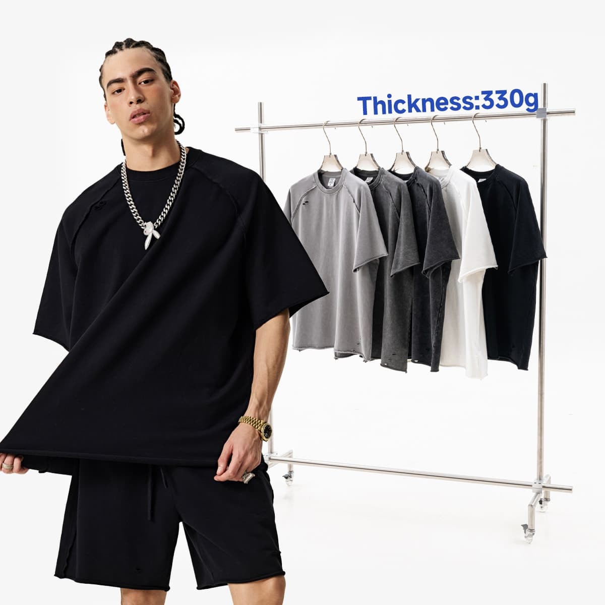 Terry 330GSM Oversized Distressed Reglan Sleeve T-Shirt