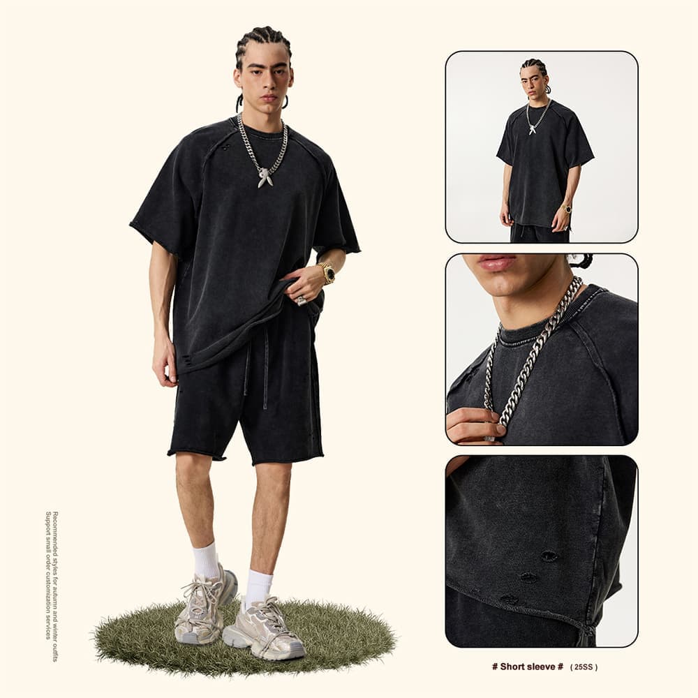 Terry 330GSM Oversized Distressed Reglan Sleeve T-Shirt thumbnail 3