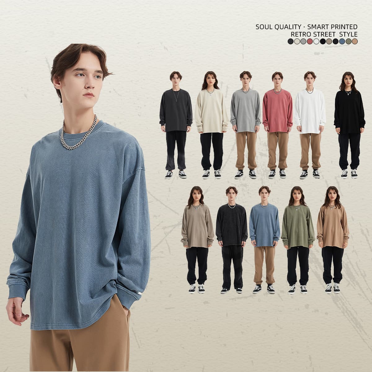 Thick 310GSM Cotton Light Wash Long Sleeve T-Shirt thumbnail 2