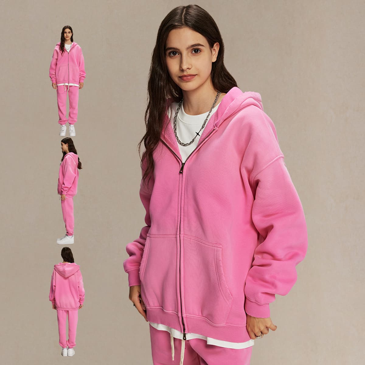 Fleece 360gsm Wash Distressed Zip-up Hoodie thumbnail 4