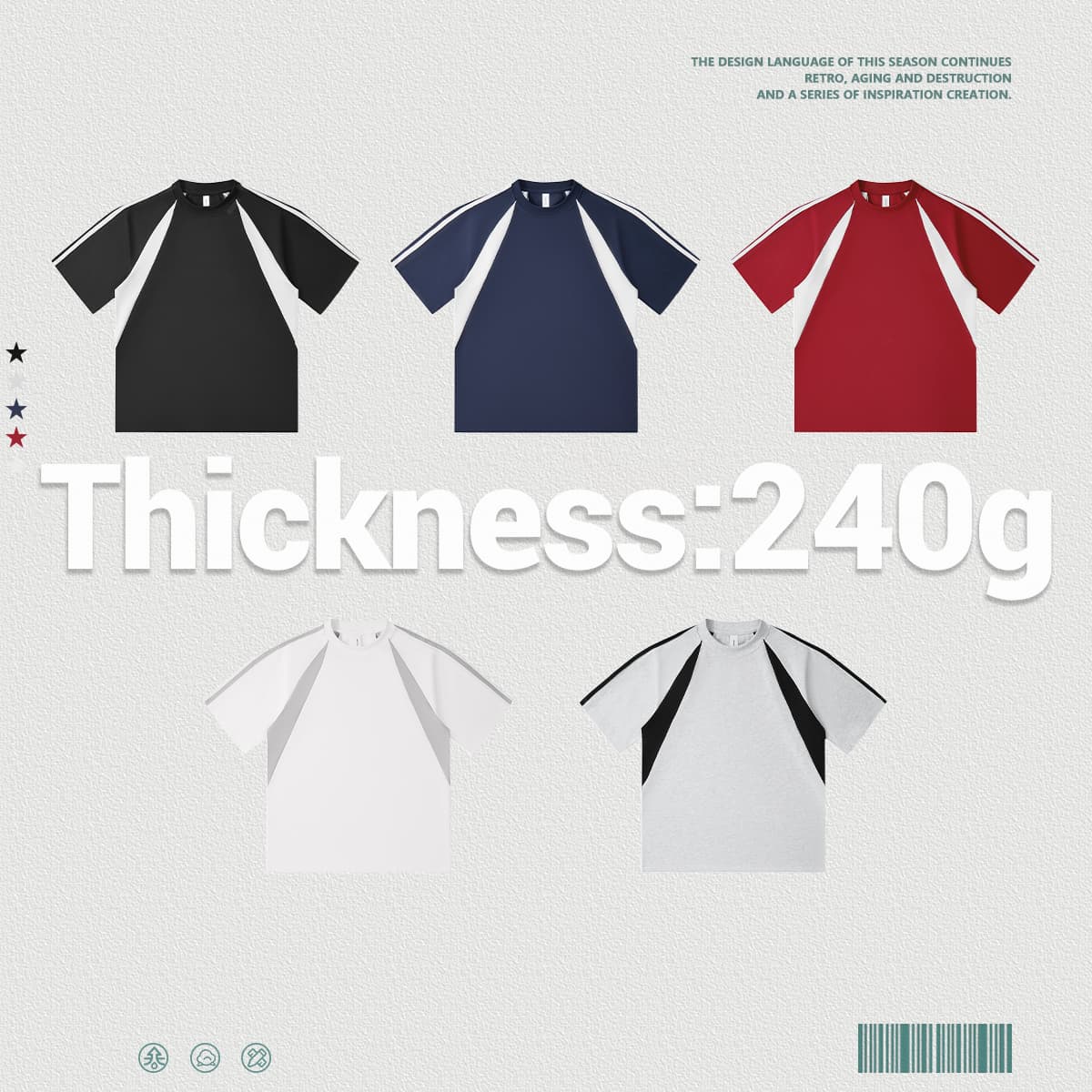 Cotton 240gsm Patchwork Reglan Sleeve T-shirt thumbnail 3