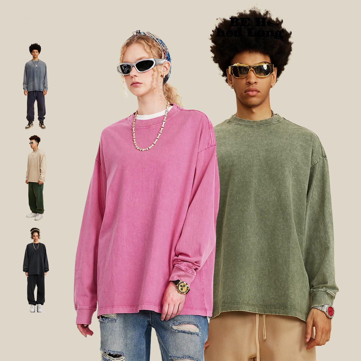 Cotton 270Gsm Acid Wash Ribbed Cuff Long Sleeve Tee thumbnail 2