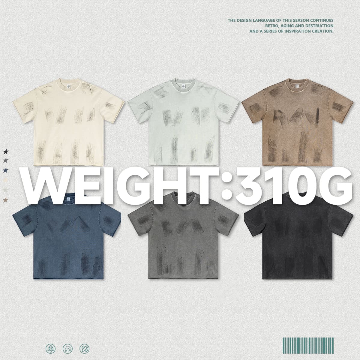 S1972 Cotton 310GSM Raw Hem Vintage Wash Distressed T-Shirt thumbnail 5