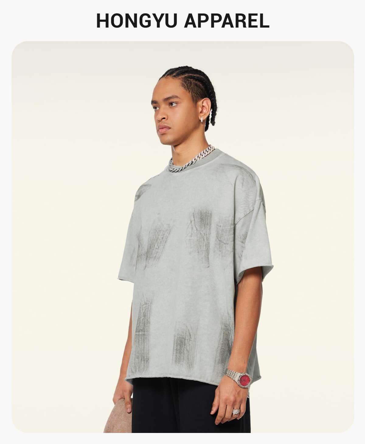S1972 Cotton 310GSM Raw Hem Vintage Wash Distressed T-Shirt – detail 1