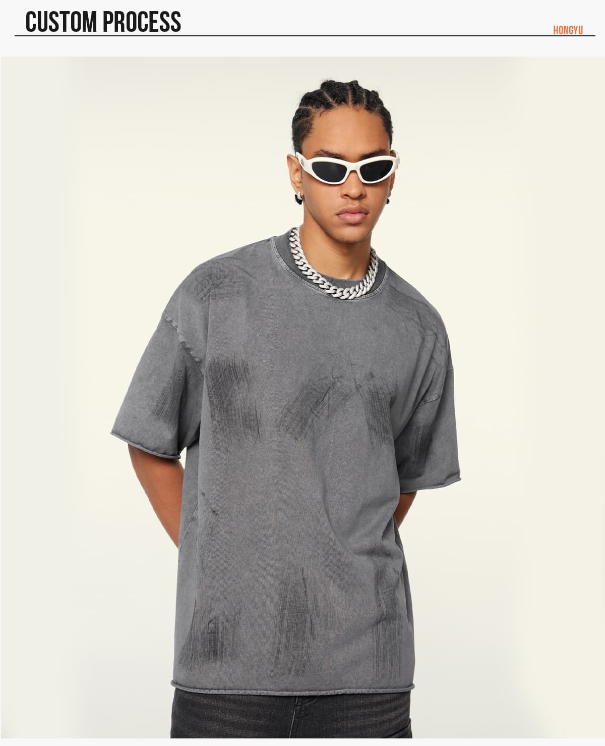 S1972 Cotton 310GSM Raw Hem Vintage Wash Distressed T-Shirt – detail 8