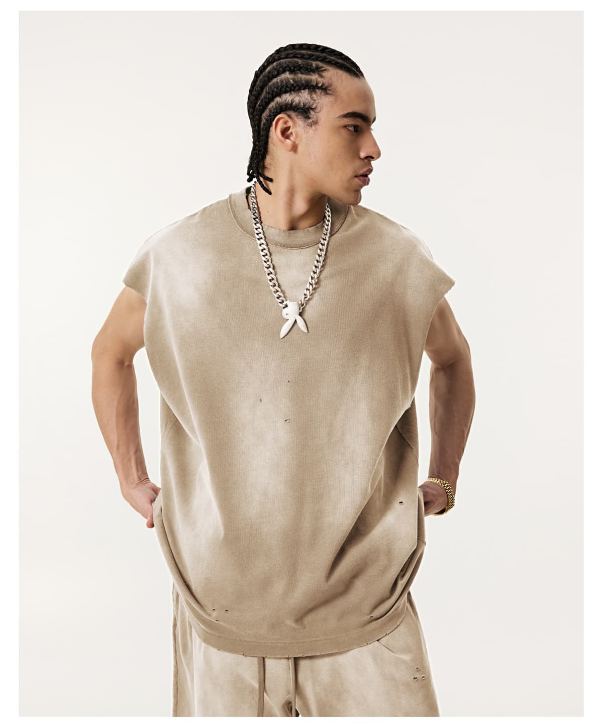 Cotton 285GSM Acid Spray Distressed Wash Vest – detail 8