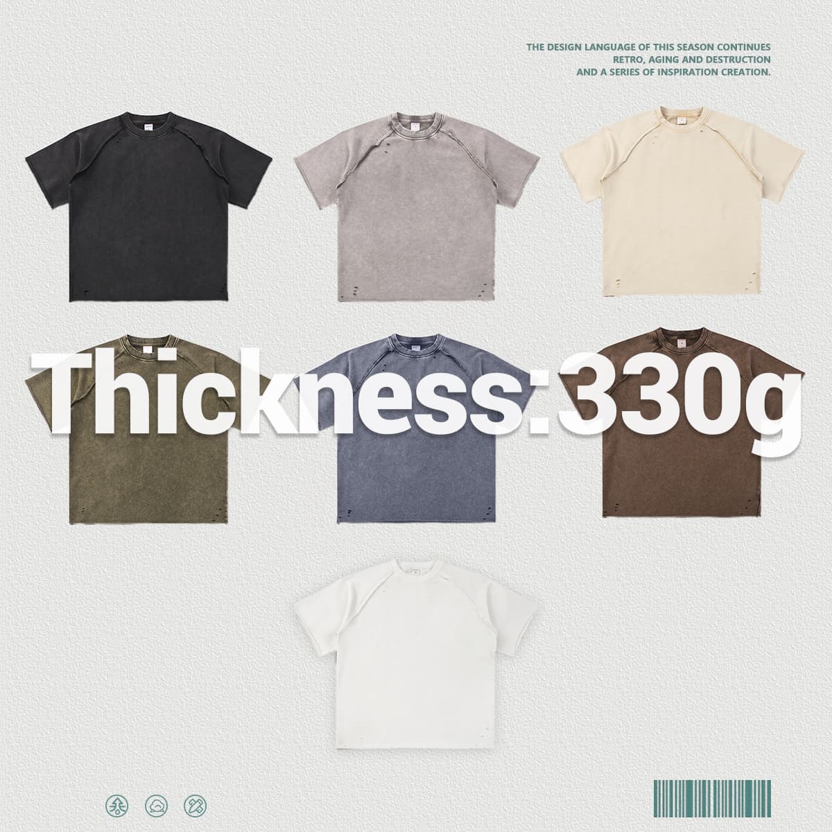 Terry 330GSM Acid Wash Distressed Raw Edge Reglan Sleeve T-Shirt thumbnail 3