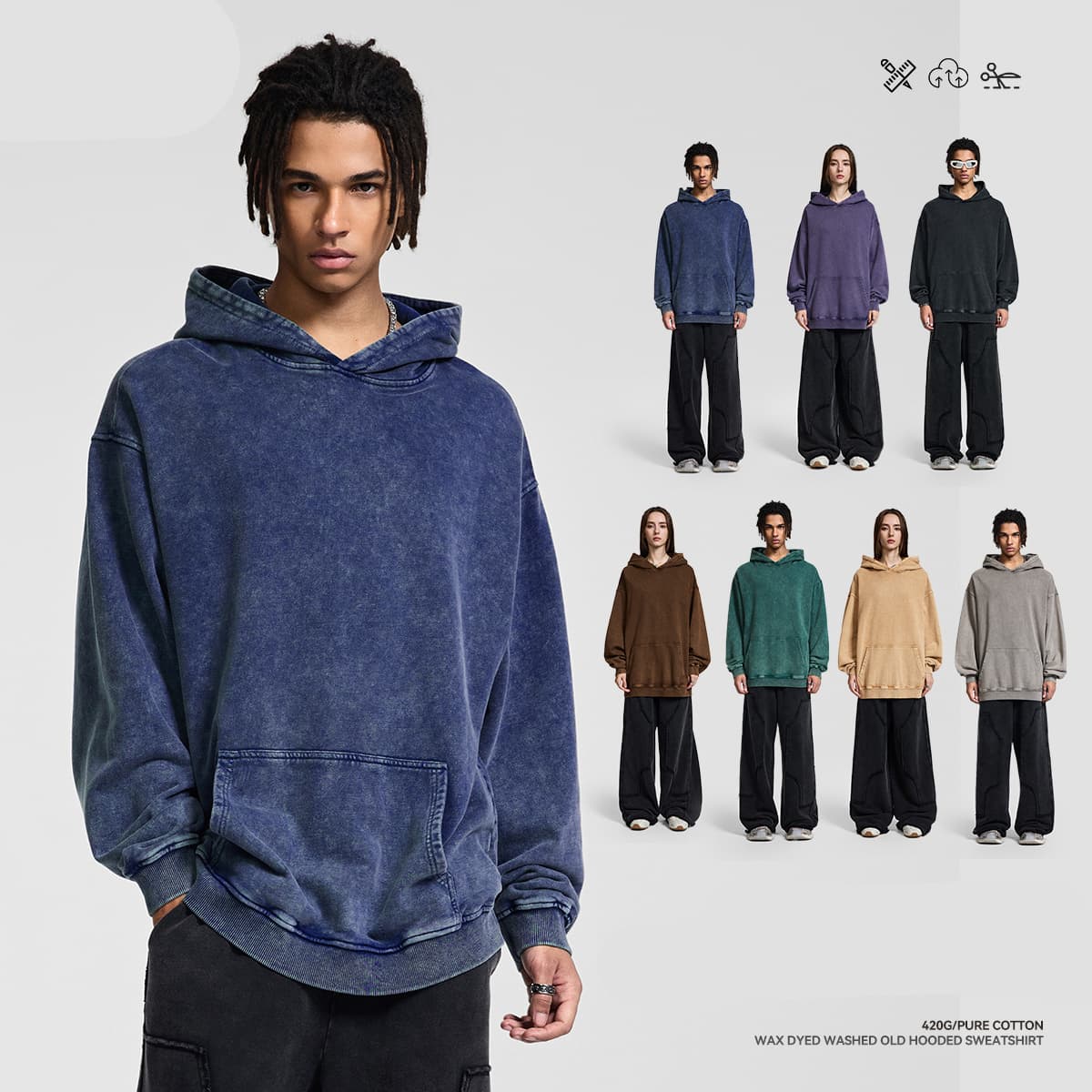 Thick 420Gsm Cotton Terry Acid Wash Hoodie