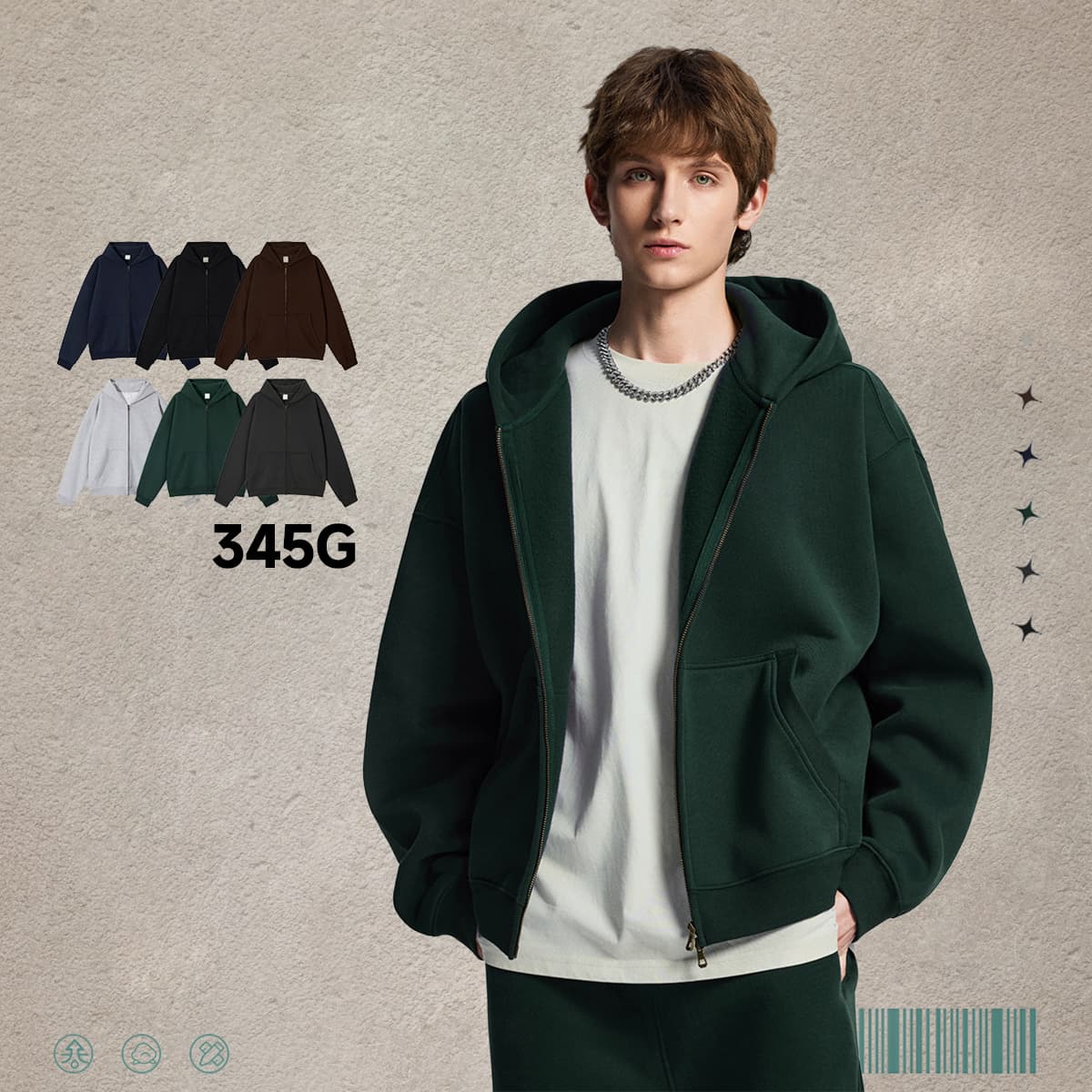Fleece 345Gsm Oversized Zip-Up Boxy Fit Hoodie thumbnail 2