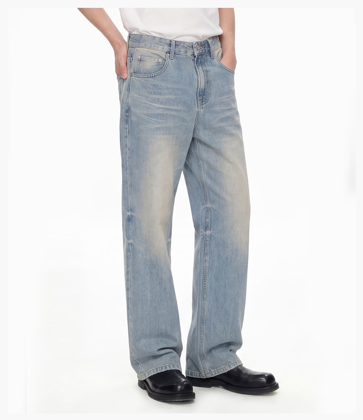 Distressed Raw-Hem Wavy Wash 385g Straight-Leg Jeans – detail 9