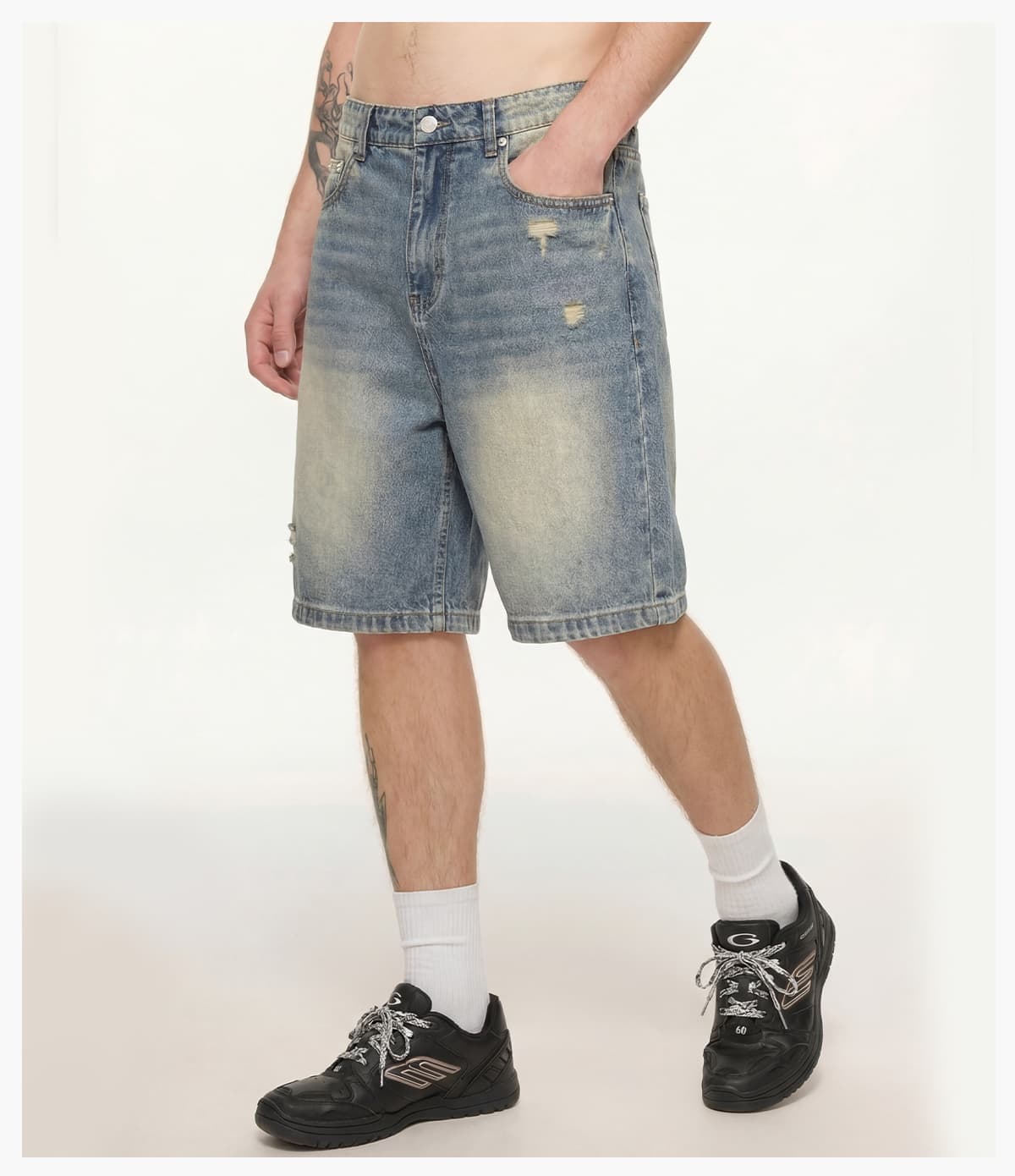 Heavy385g Distressed Wide-Leg Denim Shorts – detail 8