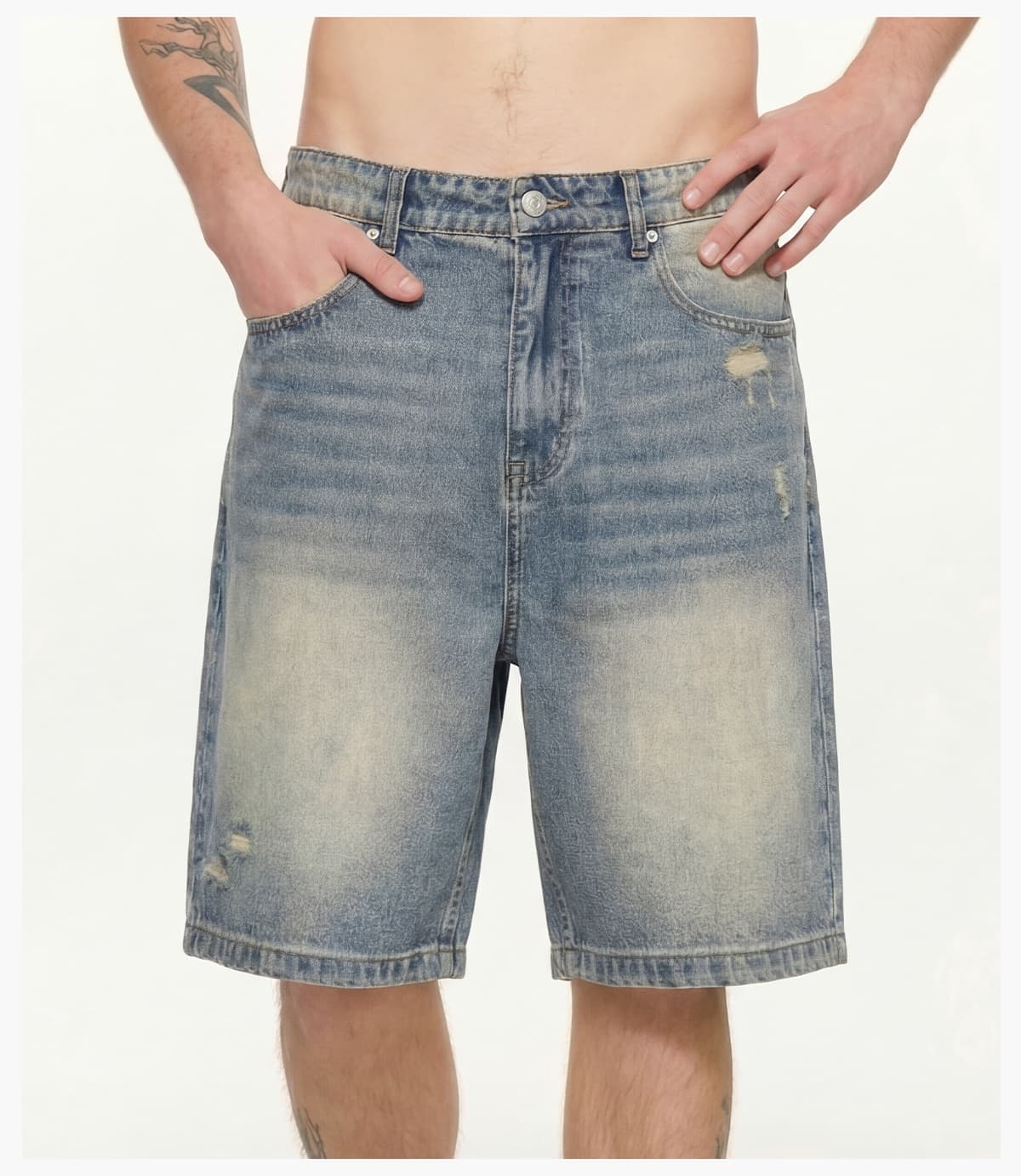 Heavy385g Distressed Wide-Leg Denim Shorts – detail 10