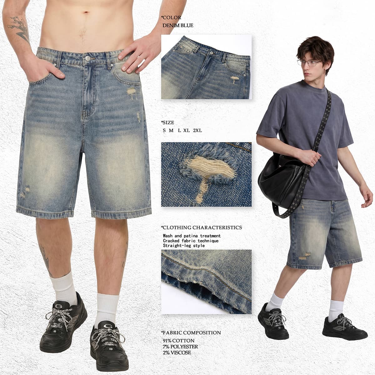 Heavy385g Distressed Wide-Leg Denim Shorts thumbnail 2