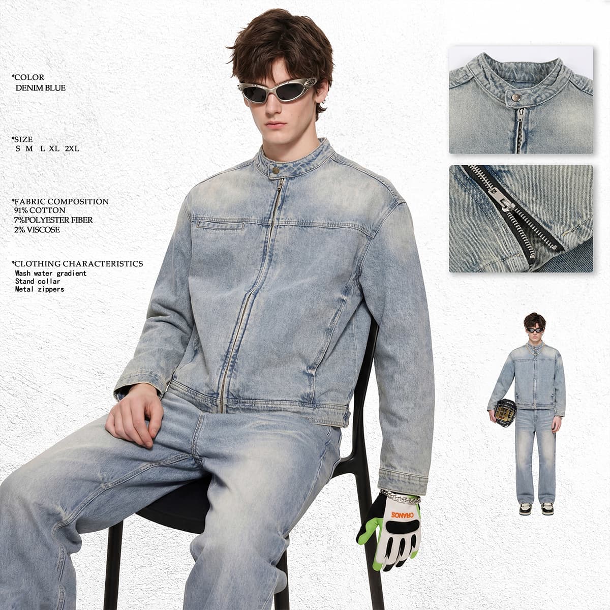 Vintage Distressed Stand-Collar 385g Zip-Up Denim Jacket thumbnail 2