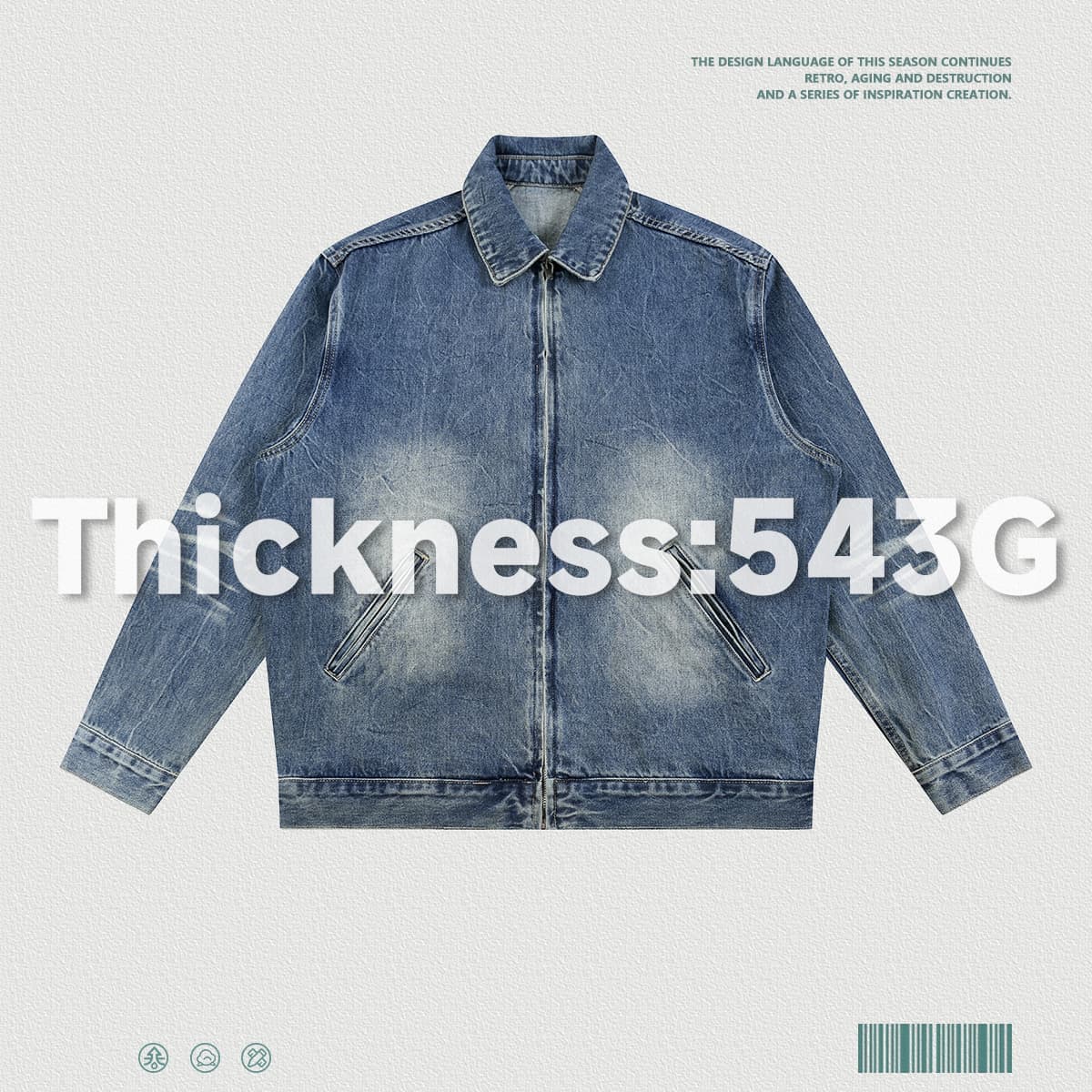 Vintage Lapel Collar 543g Zip-Up Denim Jacket thumbnail 3
