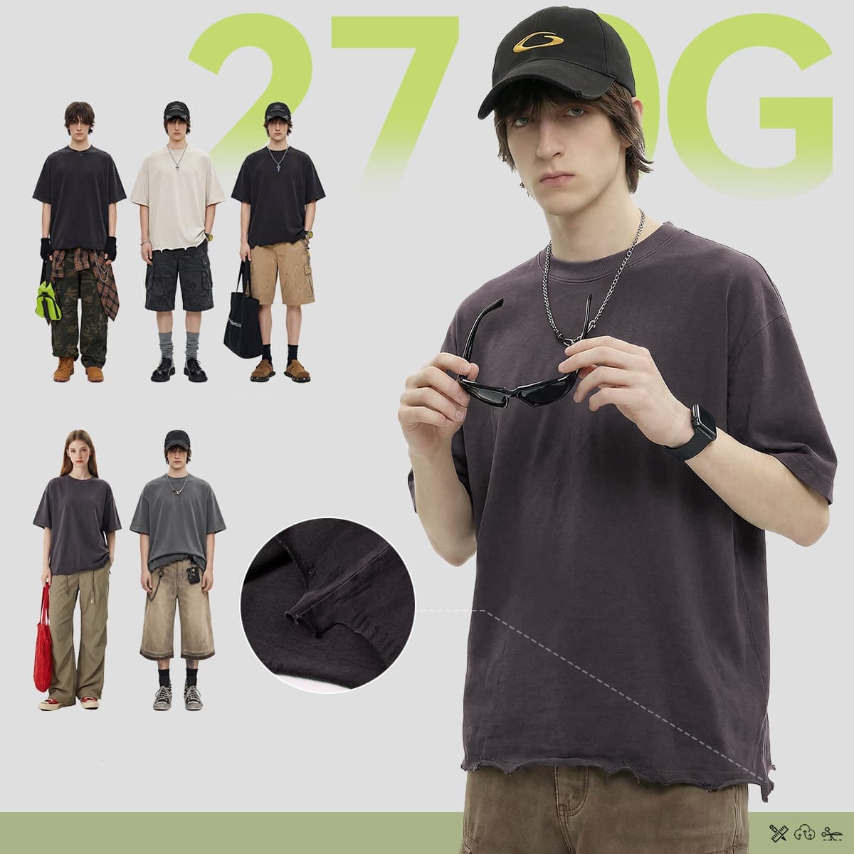 Boxy 270g Washed Distressed Hem Cotton T-Shirt