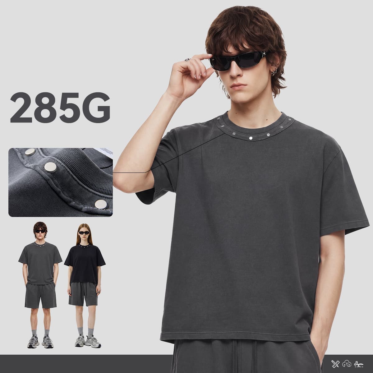 Boxy 285GSM Washed Cotton T-Shirt with Rivet