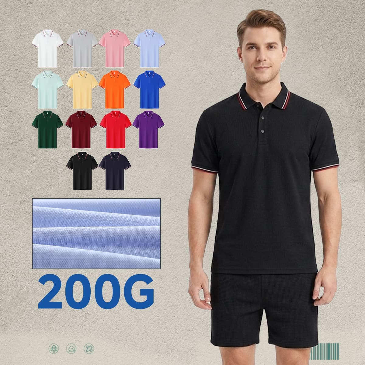 Cotton-Covered Spandex 200GSM Contrast Collar Polo Shirt