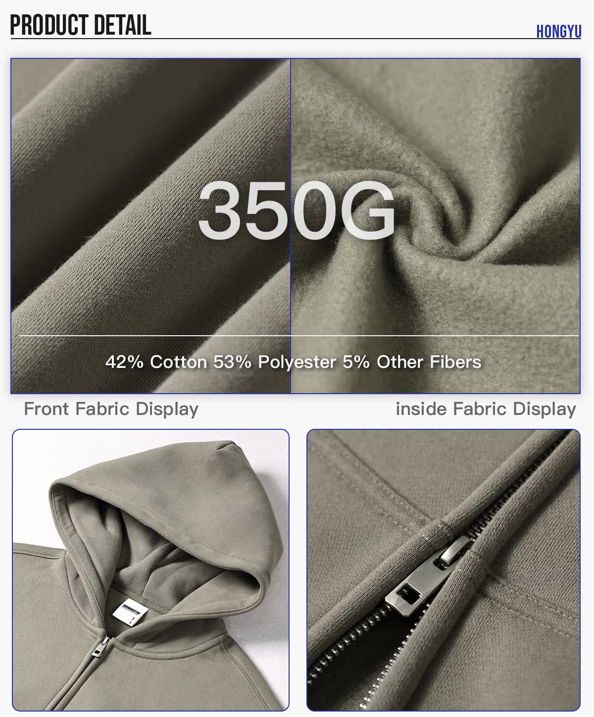 Oversized Heavy 350Gsm Fleece Zip Hoodie – detail 5
