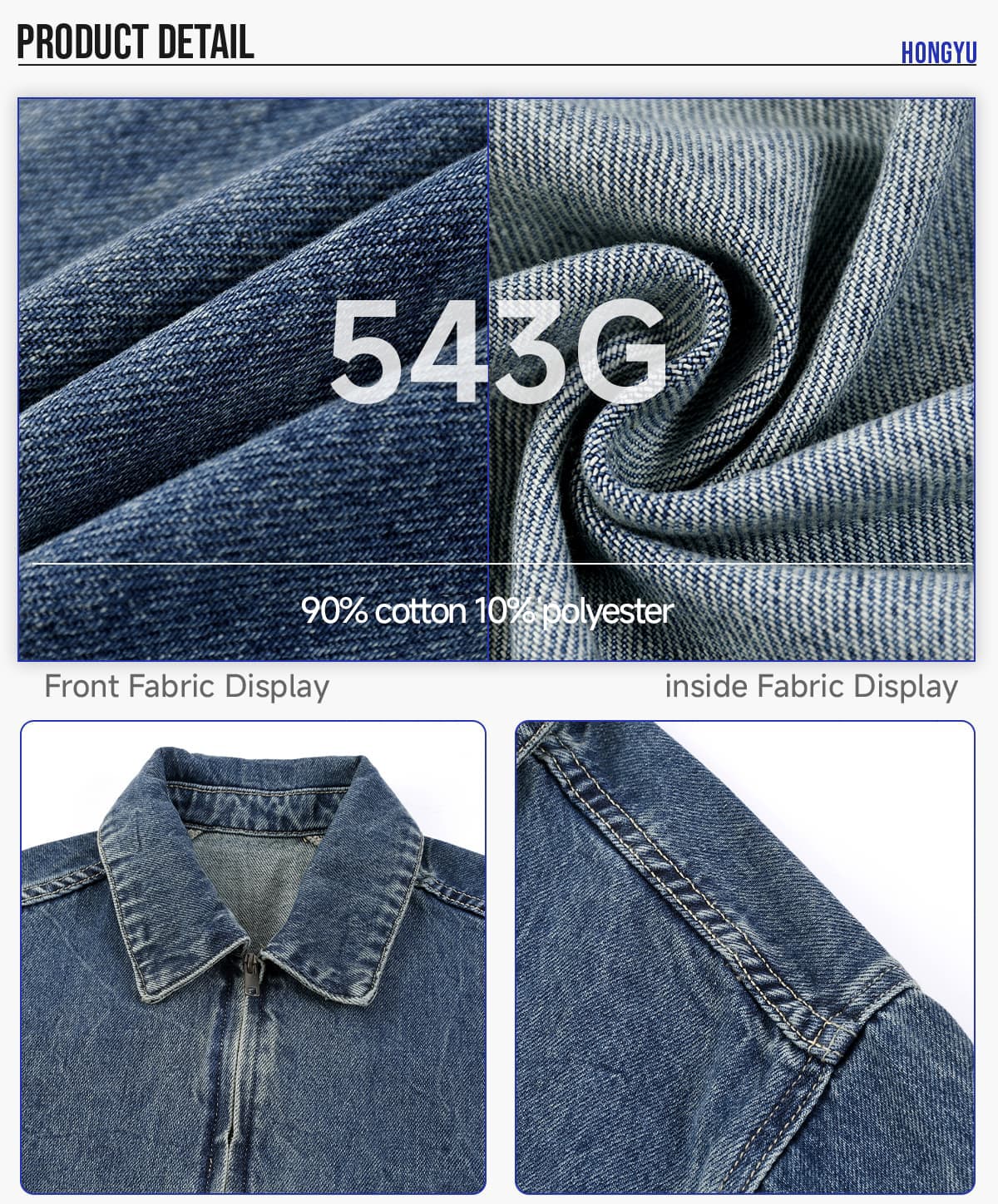 Vintage Lapel Collar 543g Zip-Up Denim Jacket – detail 5