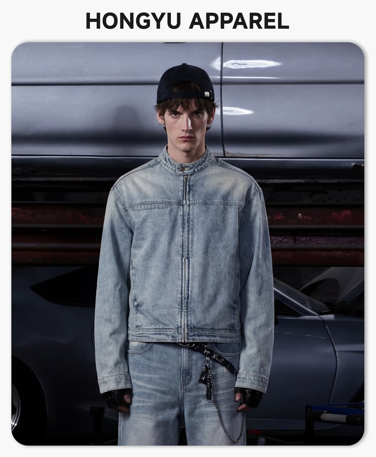 Vintage Distressed Stand-Collar 385g Zip-Up Denim Jacket – detail 1
