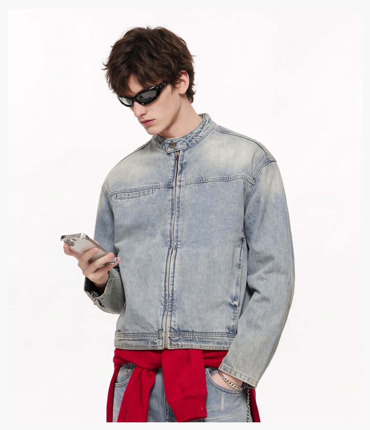 Vintage Distressed Stand-Collar 385g Zip-Up Denim Jacket – detail 9
