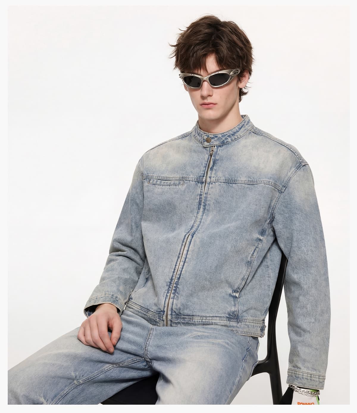 Vintage Distressed Stand-Collar 385g Zip-Up Denim Jacket – detail 10