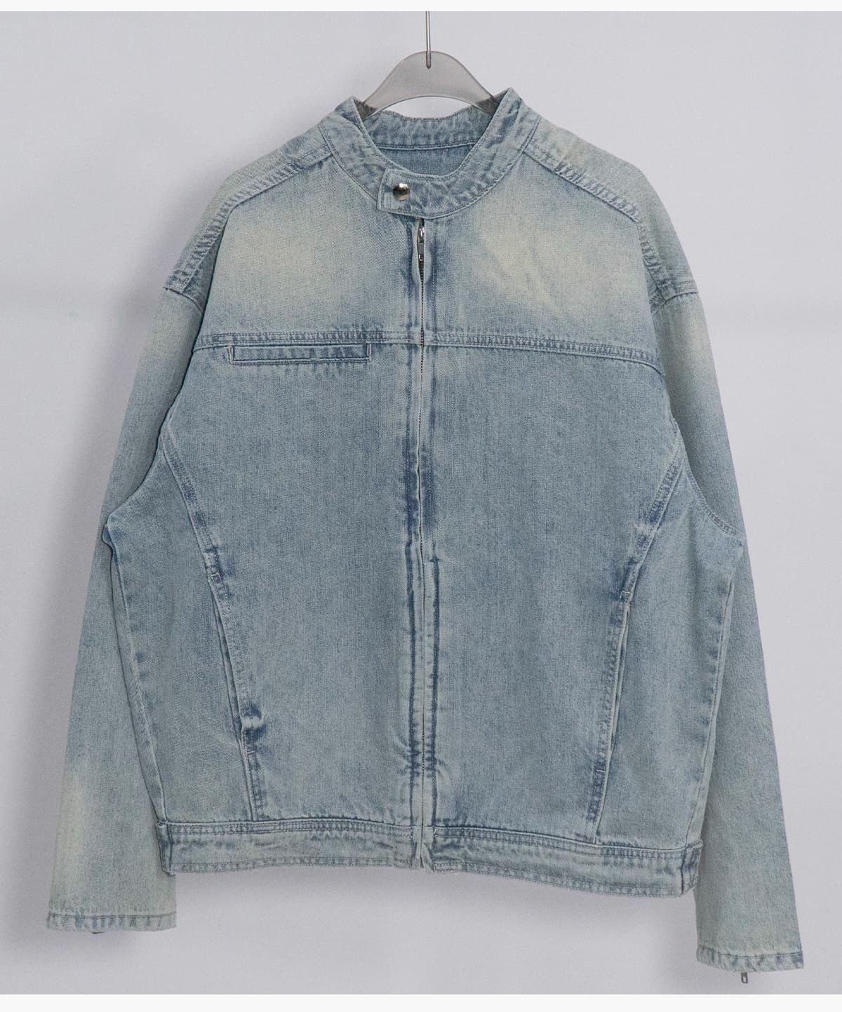 Vintage Distressed Stand-Collar 385g Zip-Up Denim Jacket – detail 11