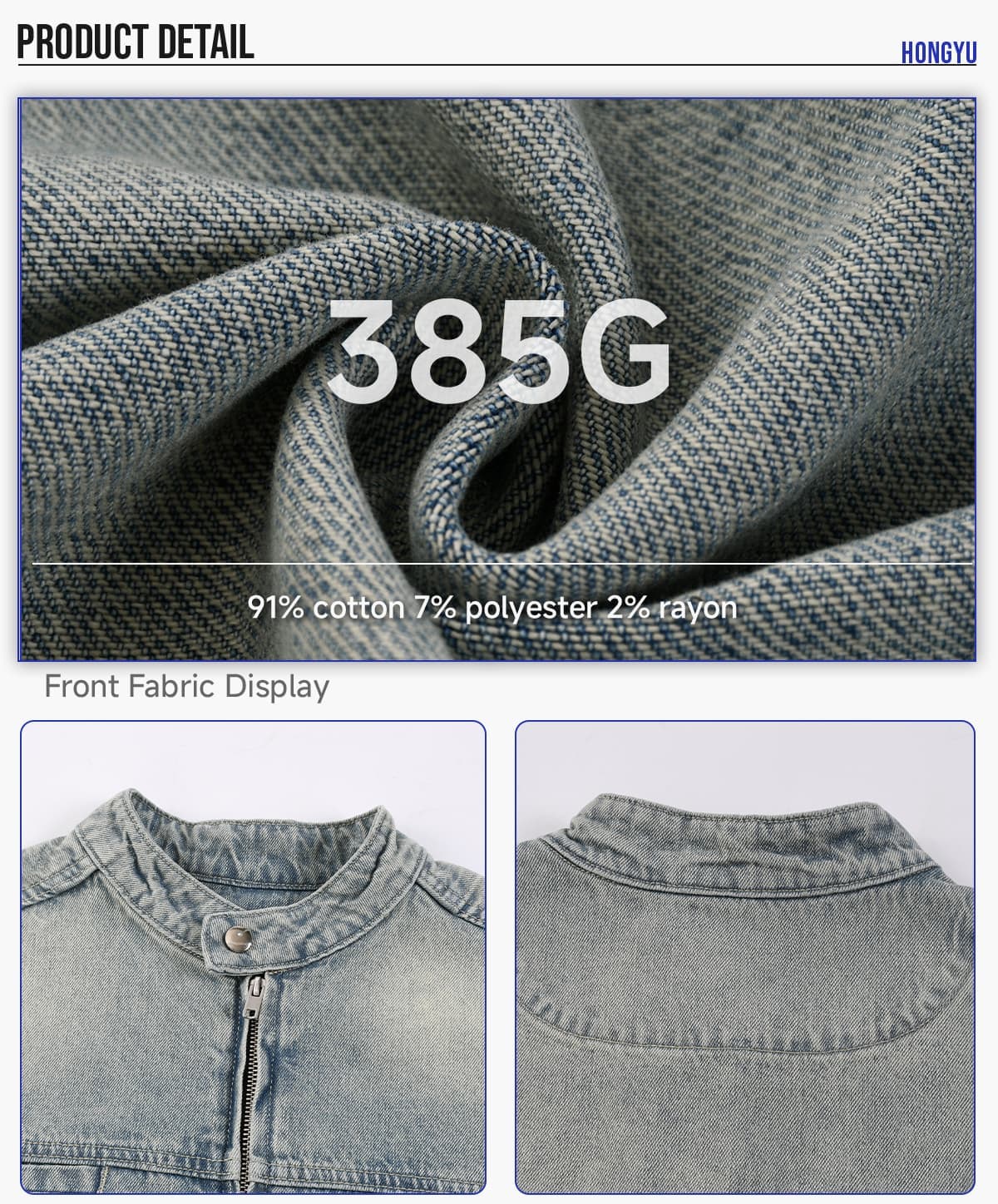 Vintage Distressed Stand-Collar 385g Zip-Up Denim Jacket – detail 4