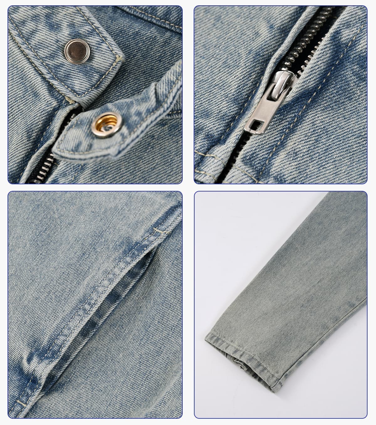 Vintage Distressed Stand-Collar 385g Zip-Up Denim Jacket – detail 5
