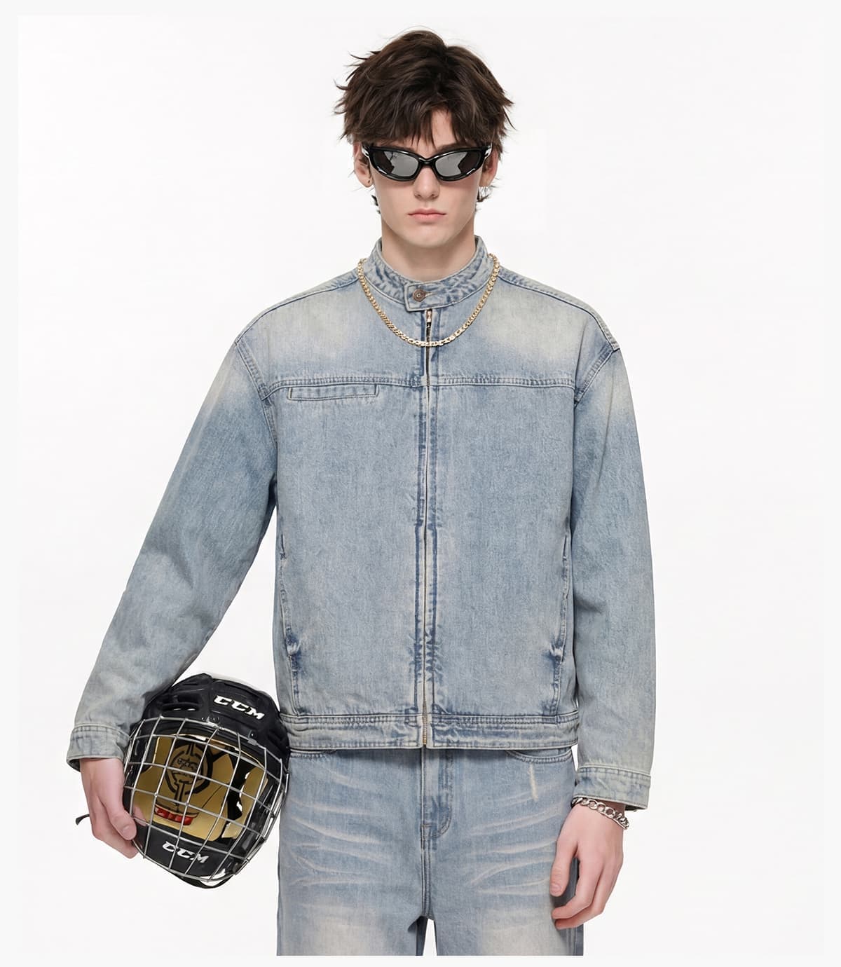 Vintage Distressed Stand-Collar 385g Zip-Up Denim Jacket – detail 8