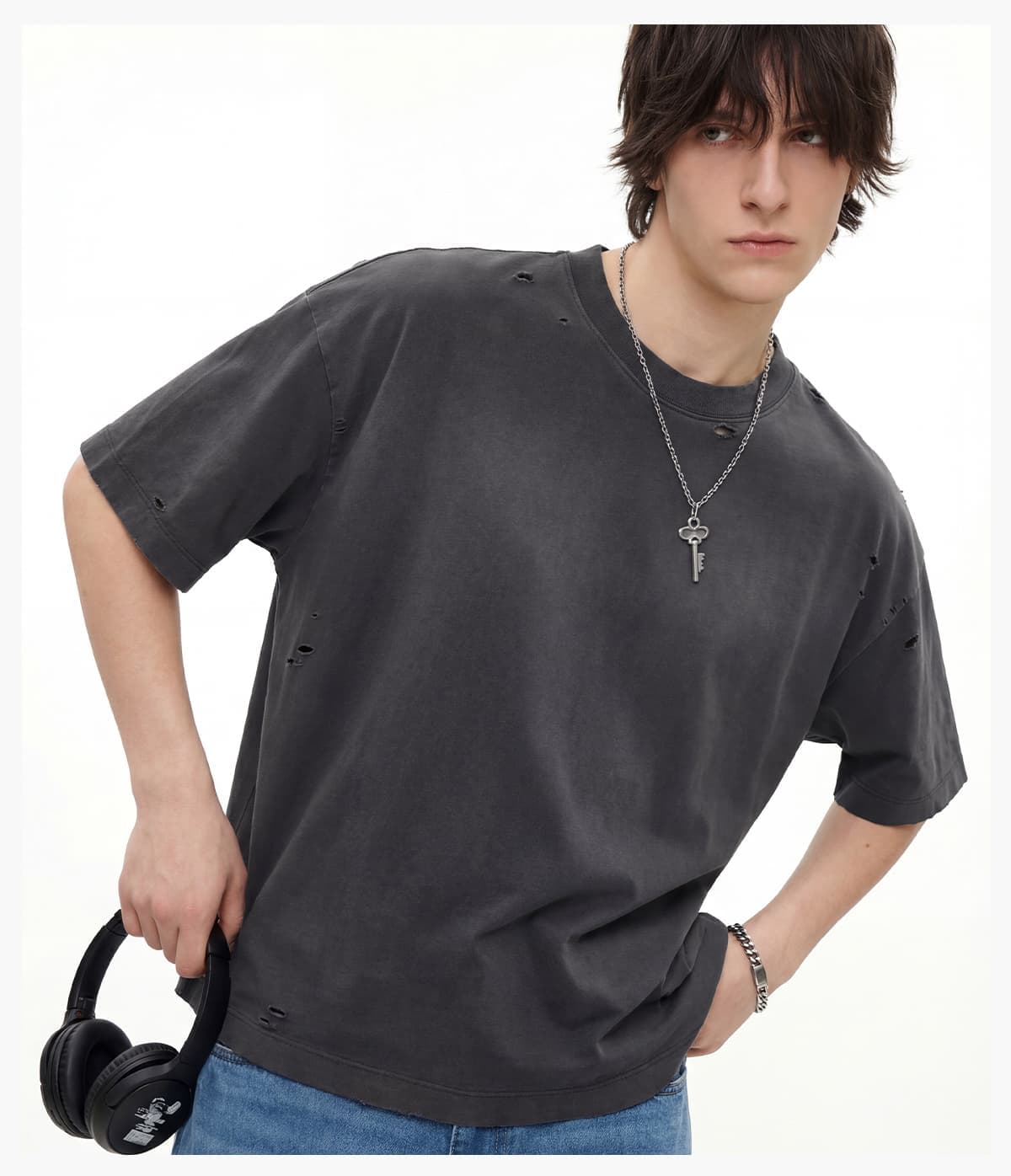 Boxy Fit 305g Washed 100% Cotton Distressed T-Shirt – detail 10