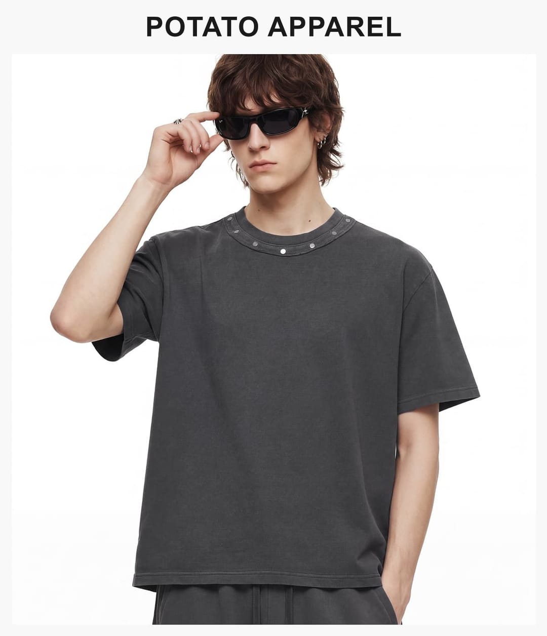 Boxy 285GSM Washed Cotton T-Shirt with Rivet – detail 10