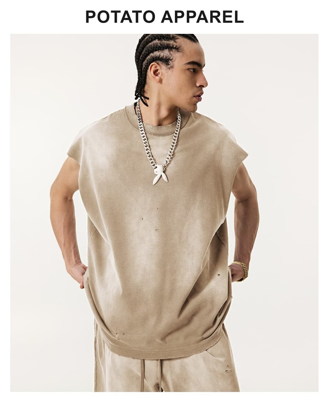 Cotton 285GSM Acid Spray Distressed Wash Vest – detail 8