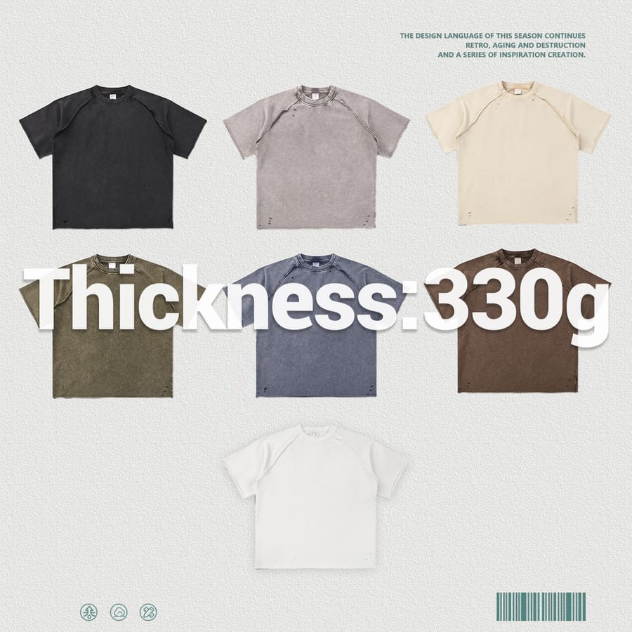Terry 330GSM Acid Wash Distressed Raw Edge Reglan Sleeve T-Shirt thumbnail 3