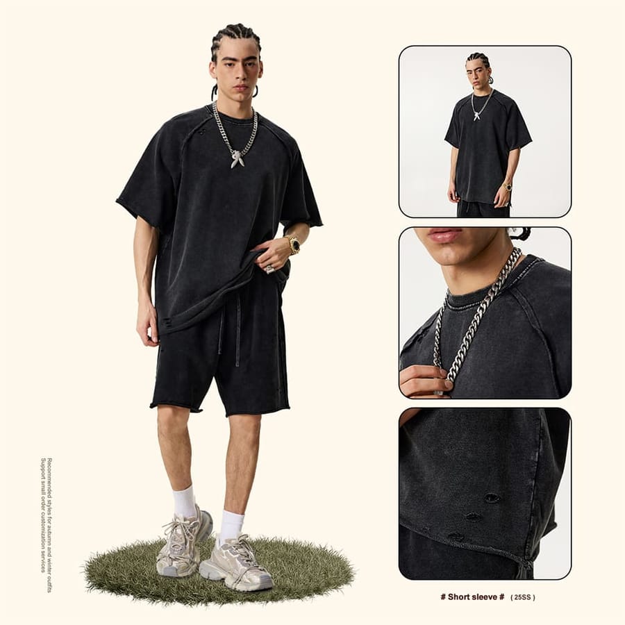 Terry 330GSM Oversized Distressed Reglan Sleeve T-Shirt thumbnail 3