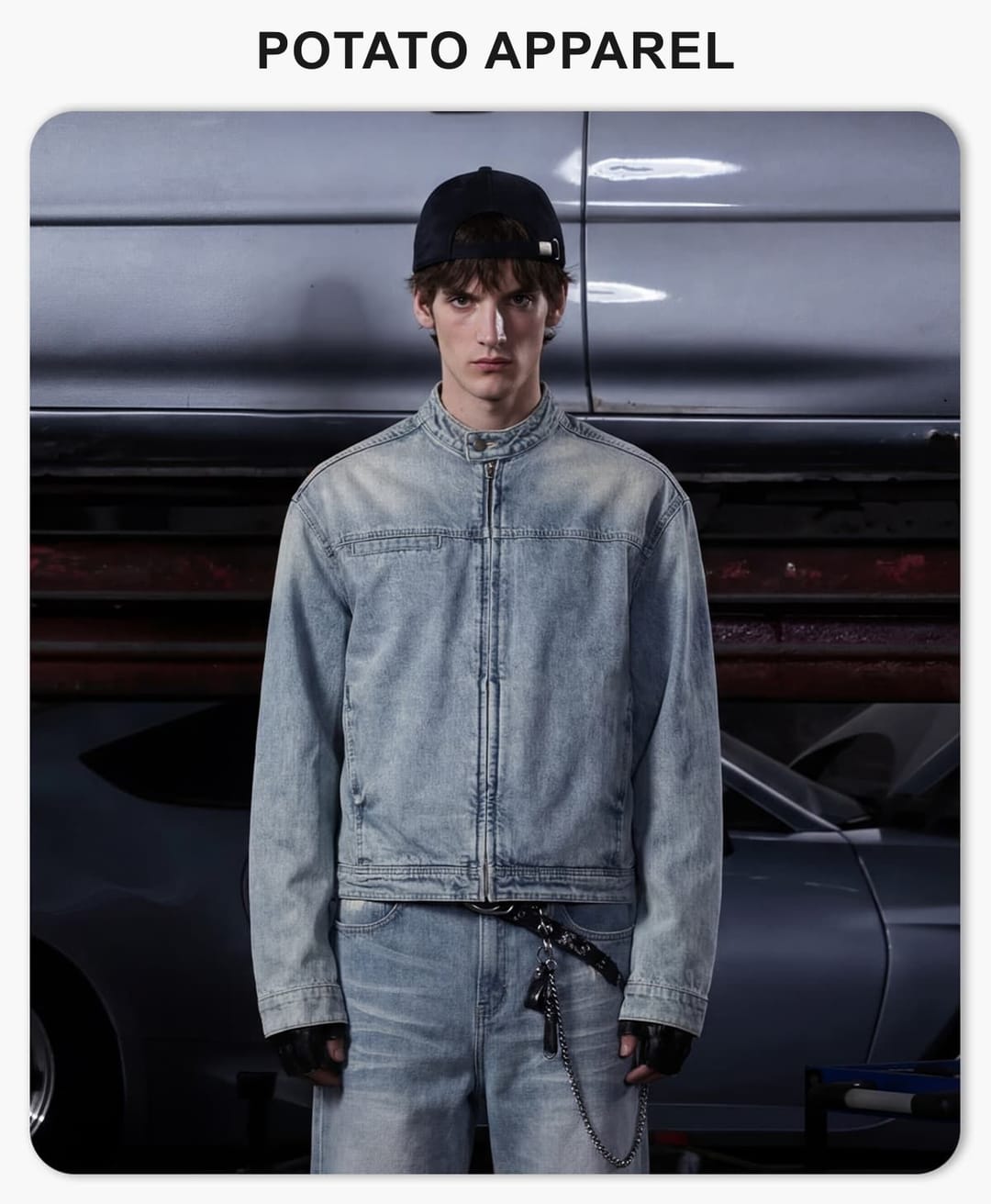 Vintage Distressed Stand-Collar 385g Zip-Up Denim Jacket – detail 1