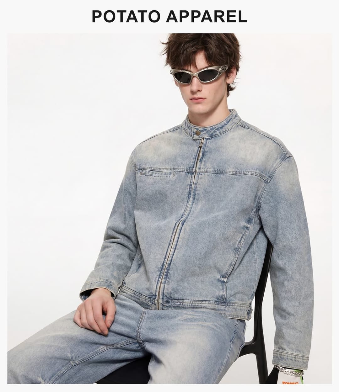 Vintage Distressed Stand-Collar 385g Zip-Up Denim Jacket – detail 10