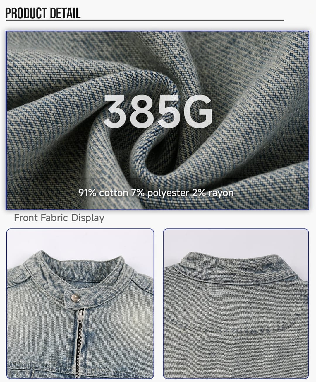 Vintage Distressed Stand-Collar 385g Zip-Up Denim Jacket – detail 4