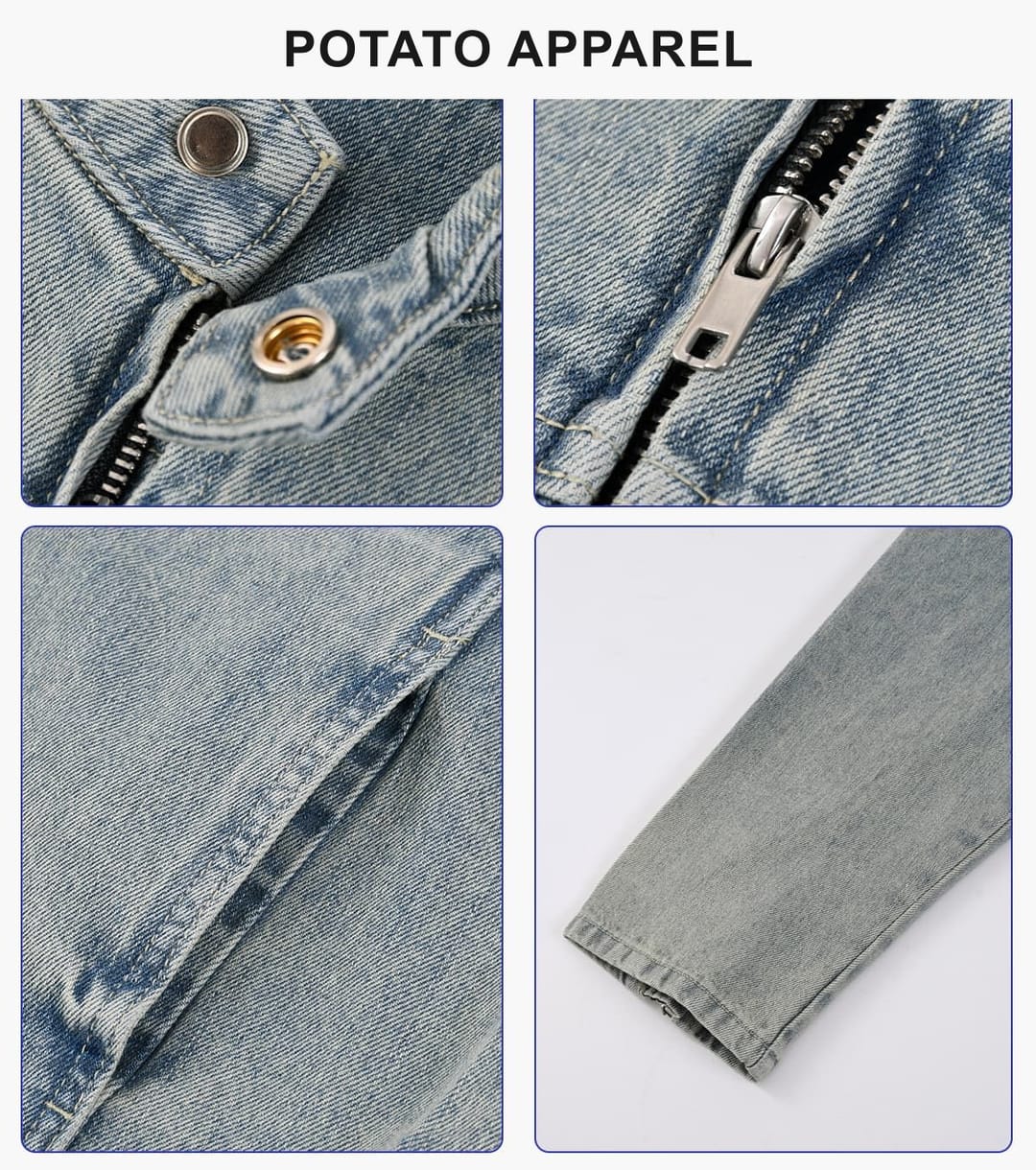 Vintage Distressed Stand-Collar 385g Zip-Up Denim Jacket – detail 5