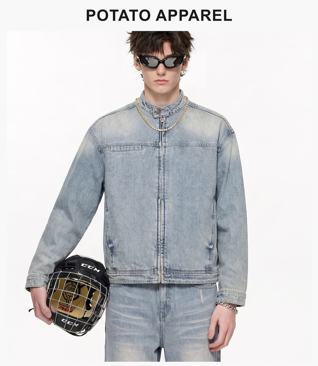 Vintage Distressed Stand-Collar 385g Zip-Up Denim Jacket – detail 8