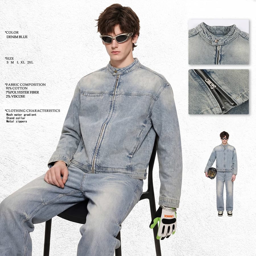 Vintage Distressed Stand-Collar 385g Zip-Up Denim Jacket thumbnail 2