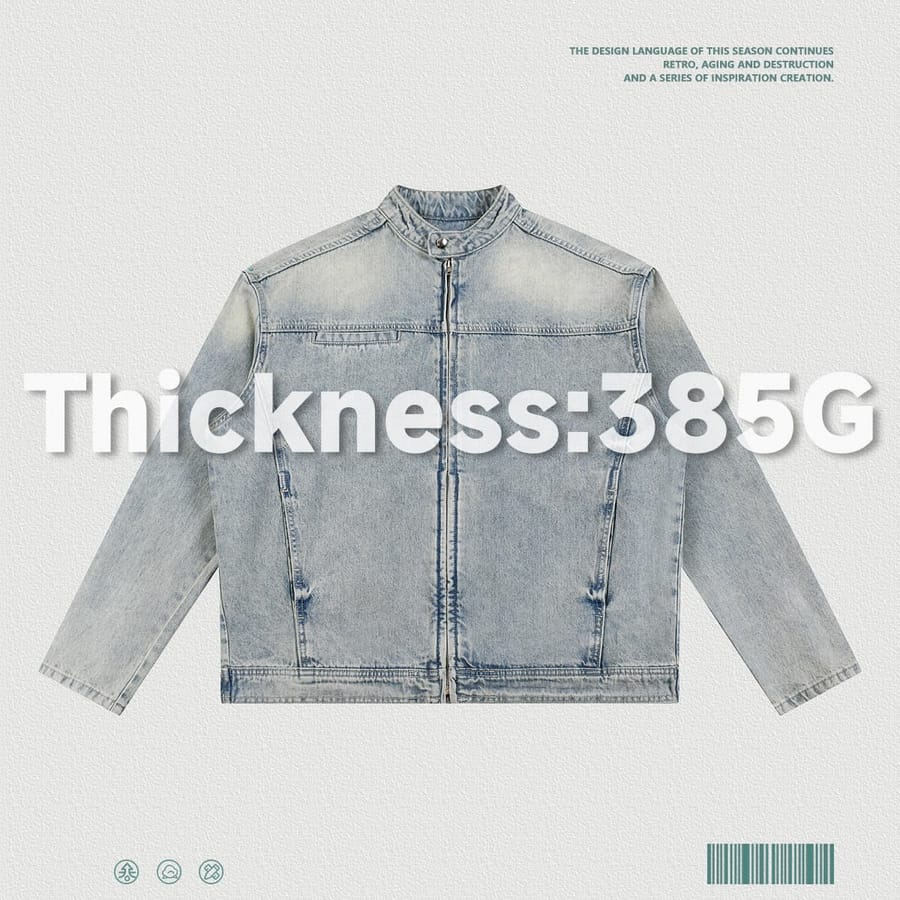 Vintage Distressed Stand-Collar 385g Zip-Up Denim Jacket thumbnail 3